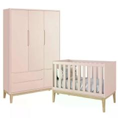 Jogo De Quarto Classic Guarda Roupa 3 Portas E Berço Rosa Fosco Com Pés Madeira Natural - Reller Móveis Rosa Fosco