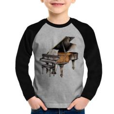 Camiseta Raglan Infantil Piano Arte Manga Longa - Foca na Moda, Cinza,