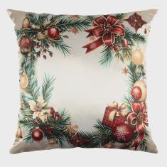 Capa Almofada Cetim Guirlanda com Enfeites de Natal 43x43cm Verde/Vermelho