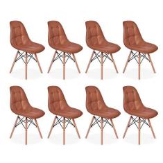 Conjunto 8 Cadeiras Dkr Charles Eames Wood Estofada Botonê - Marrom -
