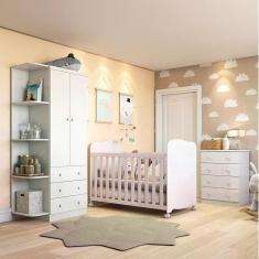 Quarto de Bebê Completo com Guarda Roupa Cômoda e Berço Mini Cama 100% MDF Pega-Pega Móveis Peroba Branco Brilho