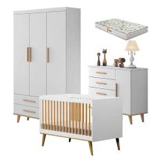 Quarto de Bebê Ludmila com Berço Ligia Branco Acetinado Bétula com Colchão Gazin - Carolina Móveis
