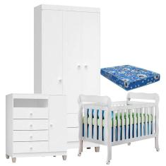 Quarto de Bebê 3 Portas Ternura Baby com Berço Lila Branco Brilho com Colchão para Berço Americano - Incorplac
