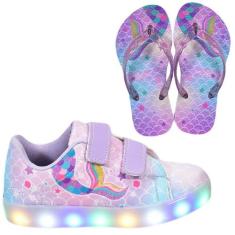Tênis Infantil De Led Feminino Casual Desenho Sereia + Chinelo - ARS, 
