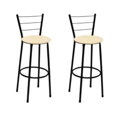 Kit 2 Banquetas Altas Preta com Encosto Assento Bege