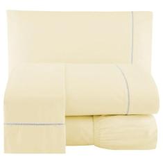 Lençol 4 Peças 400 Fios Toque Suave Ponto Palito Casa Dona, BEGE, CASA