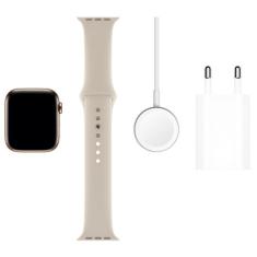 Apple Watch Series 5 (Cellular + GPS, 44 mm) - Caixa de Aço Inoxidável Dourado - Pulseira Esportiva Cinza e Fecho Clássico