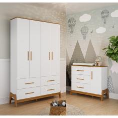 Guarda Roupa e Cômoda Retro Moveis Peroba Guti MDF Branco Amêndoa 