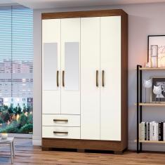 Guarda Roupas Solteiro Com 4 Portas 2 Gavetas Com Espelho BE12 Castanho / Off White - Briz Móveis