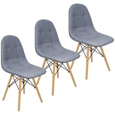 Kit 3 Cadeiras Charles Eames Botonê Eiffel Wood Estofada Couro Cinza -