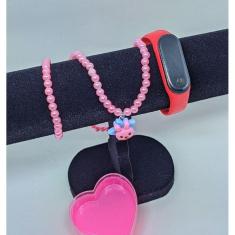 Kit Relógio Infantil Digital Led Bracelete Prova água Menina + Colar Pulseira Miçangas Pingente Urso Coelho Flor