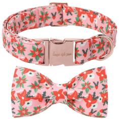 Coleira rosa com laço, gravata borboleta Unique style paws para cães com padrão floral vermelho, coleira ajustável para animais de estimação com fivela de metal brilhante, adequada para cães pequenos,