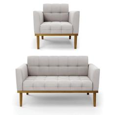 Sofá Namoradeira E Poltrona Base De Madeira Castanho Elisa Veludo D03 