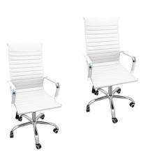 Kit 2 Cadeiras Eames Esteirinha Presidente Alta Estofada Couro Branco