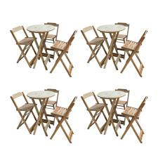 Kit 4 Jogos de Mesas Bistrô de Madeira Dobrável com 3 Banquetas - Crua