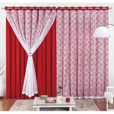 Cortina Yasmin 3 Metros Vermelha Tecido Malha Com Renda Floral Sala Ou Quarto