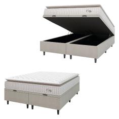 Cama Box Baú Colchão Casal Queen Molas Ensacadas City Pillow Top 158x198x64cm Branco-Bege Hellen Suporta até 110kg por Pessoa