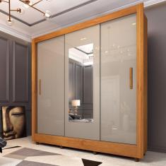 Guarda Roupa Casal com Espelho e Pés 3 Portas 4 Gavetas Taifa S Espresso Móveis Cinamomo/Off White