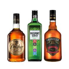 Whisky Passport 1L + Chanceler 1L + Conhaque Dreher 900Ml