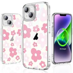 YNSZAS Capa para iPhone 14 Plus, compatível com MagSafe, capa de telefone fofa com flores coloridas exclusivas, policarbonato rígido + TPU à prova de choque, capa protetora floral retrô feminina para