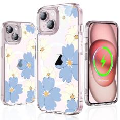 YNSZAS Capa para iPhone 15 Plus, compatível com MagSafe, capa de telefone fofa com flores coloridas exclusivas, policarbonato rígido + TPU à prova de choque, capa protetora floral retrô feminina para