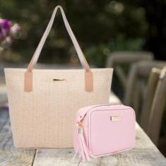 Bolsa Feminina Kit Com 2 peças Sacola Palha e Quadrada Básica  Verão -