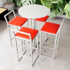 Conjunto Mesa Alta Bar Bistrô Redonda Branca 4 Banquetas Confort Estof