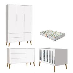 Quarto de Bebê 3 Portas Theo Branco Pés Amadeirados com Colchão Gazin - Reller