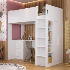 Cama Alta Infantil/Juvenil com Escrivaninha, Armário e Nichos Casatema Branco