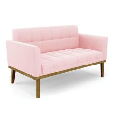 Sofá Namoradeira Base de Madeira Castanho Elisa Suede Rosa Bebê D03 - D`Rossi