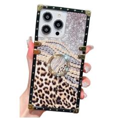 Kwhapoo Capa quadrada de luxo compatível com iPhone 13/14 de 6,1 polegadas, capa com suporte de diamante de leopardo brilhante, macio, à prova de choque, capas de guepardo para mulheres e meninas