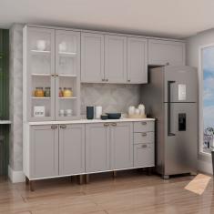 Cozinha Completa Iluminata 10 Portas 3 Gavetas 100% Mdf com Vidro Branco/Marrom Claro/Mineral - Genialflex