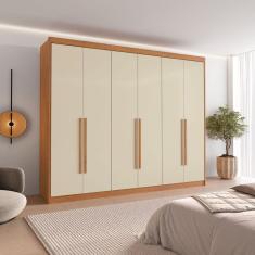 Guarda Roupa Casal 6 Portas com Puxador de Madeiras 8 Gavetas Cinamomo/Off White