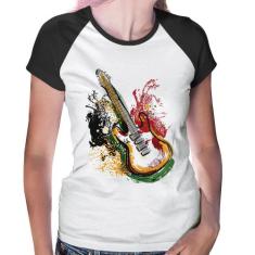 Baby Look Raglan Guitarra Reggae - Foca na Moda, Branco, Preto, G