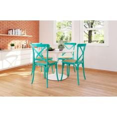 Kit 8 Cadeiras Katrina X Azul Turquesa Assento Bege Aço New Green