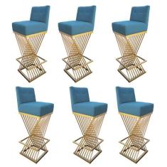 Kit 06 Banquetas Luma Base de Ferro Sued Azul Turquesa - D'Classe Deco