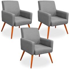 Kit 03 Poltronas Decorativas Para Sala de Estar Maria Linho Cinza Escu
