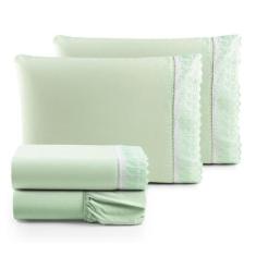 Jogo de Lençol Queen Suave Barrado Lese 4 Peças Barato - Verde - 100% 
