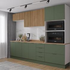 Cozinha Modulada 5 Peças com Tampo 2 Aéreos 2 Balcões 1 Torre Quente Ipanema Cabecasa Madeiramadeira Acácia/verde Folha/branco