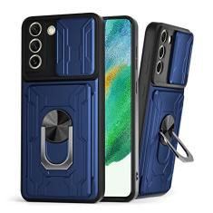 Lokyoo Capa compatível com Samsung Galaxy S21 FE 5G 2022, com capa para câmera e suporte, capa de lente deslizante + suporte de anel giratório + suporte de cartão removível, proteção total para