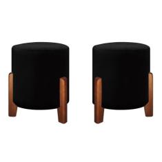 Kit 2 Puffs Banqueta Luna Pés de Madeira Maciça  Veludo - Gentil Estof