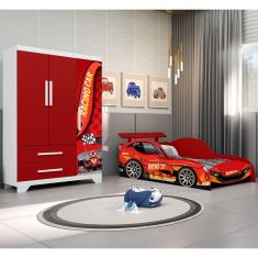Conjunto Quarto Infantil Carros - Cama Solteiro Proteção Lateral Colchão e Roupeiro Mdf - Vermelho