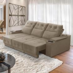 Sofá Retrátil Reclinável 3 lugares 2,10m com Porta Copos e USB Hannah Suede Capuccino Adonai Estofados