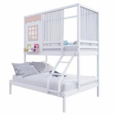 Beliche Casinha Reta Casal Solteiro Cortina Branco Rosa - Housin