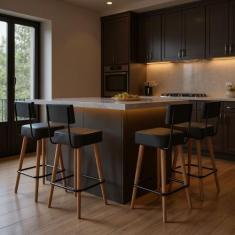 Banqueta Alta Cozinha 70cm Encosto Pé Madeira Kit 4 Barcelona PU Preto