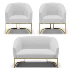 Namoradeira e 2 Poltronas Industrial Dourado Stella Linho Cinza D03 - 
