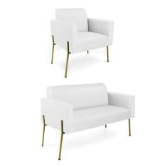 Sofá Namoradeira e Poltrona Pé de Ferro Dourado Marisa material sintét