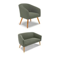 Sofá Namoradeira e Poltrona Pé Palito Castanho Stella Bouclê Verde Pis