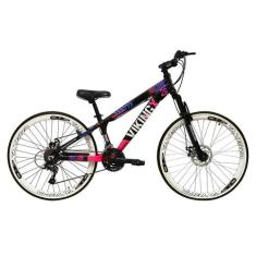 Bicicleta Aro 26 Vikingx Tuff Preto com Rosa 21v Alumínio Freio a Disc