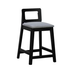 Banqueta Média River Madeira Maciça - Preto Assento Estofado Linho Cinza Mescla Impermeável